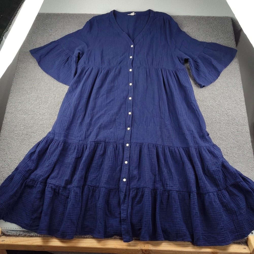 Caslon Tiered Midi Dress Sz 2X Gauze Bell Sleeve Navy Blue 100% Cotton EUC